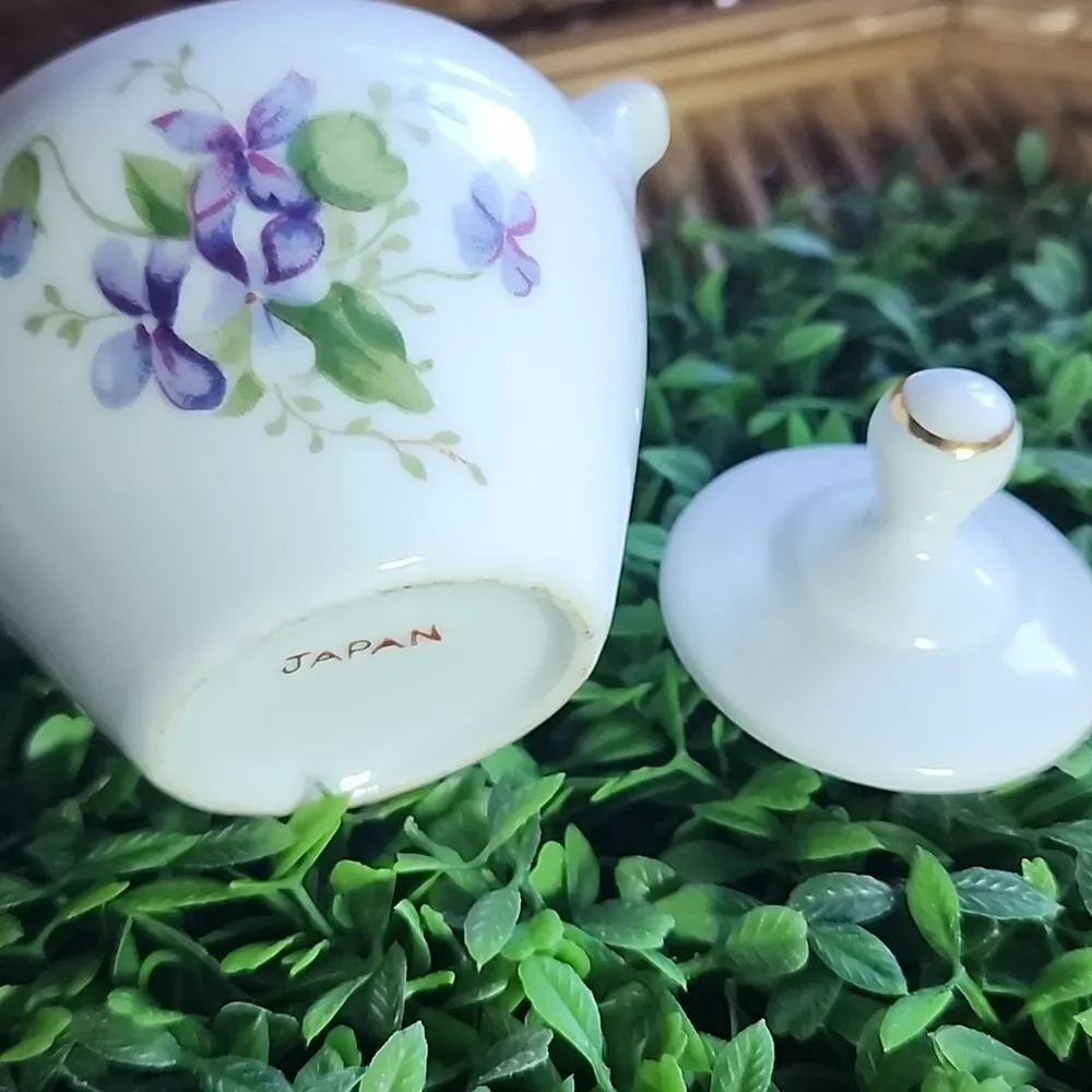 Vintage Small Sugar Bowl with Violets & Gold Tone Accents made In Japan Coquette